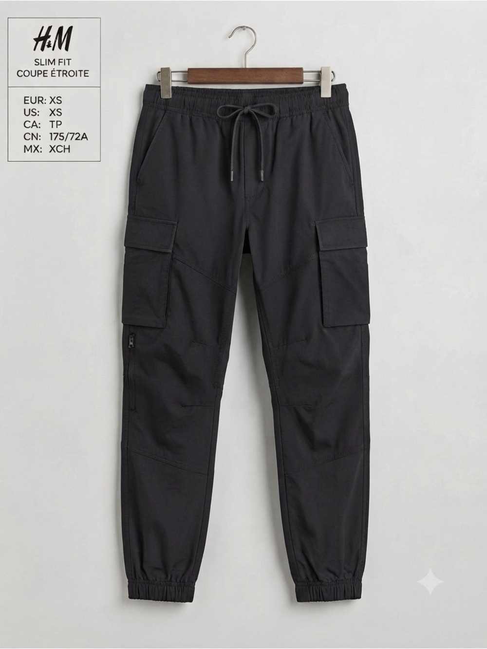 H&M Men’s Black Slim Cargo Joggers with Drawstring Waist